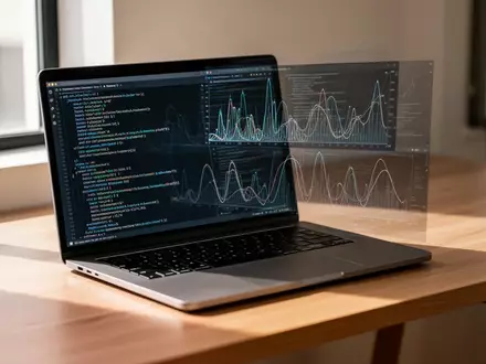 Ein moderner Schreibtisch mit einem Laptop, auf dessen Bildschirm abstrakte Datenvisualisierungen und Code-Muster zu sehen sind. - Foto: über boerse-global.de