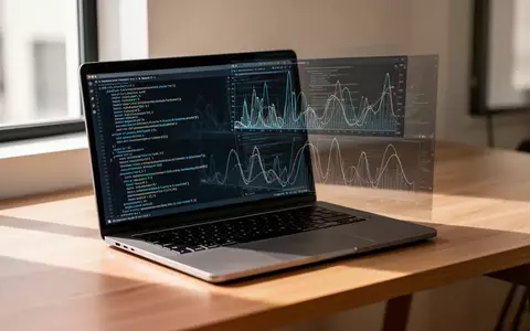 Ein moderner Schreibtisch mit einem Laptop, auf dessen Bildschirm abstrakte Datenvisualisierungen und Code-Muster zu sehen sind. - Foto: über boerse-global.de