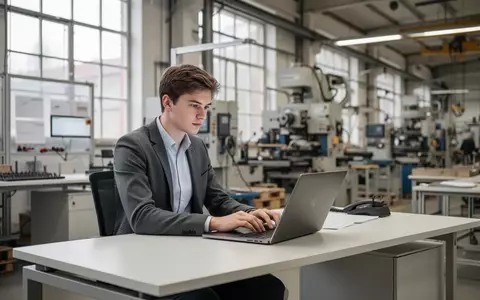 Ein junger Berufstätiger arbeitet an einem Laptop in einer modernen Produktionshalle eines deutschen Mittelständlers. - Foto: über boerse-global.de