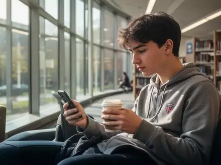 Eine Studentin nutzt ihr Smartphone in einer modernen Universitätsbibliothek. - Foto: über boerse-global.de