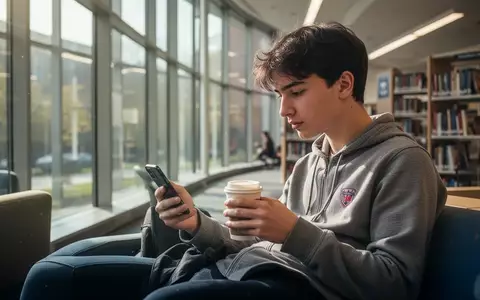 Eine Studentin nutzt ihr Smartphone in einer modernen Universitätsbibliothek. - Foto: über boerse-global.de
