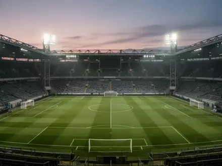 Ein leeres Fußballstadion bei Dämmerung mit Flutlichtbeleuchtung auf dem grünen Rasen. - Foto: über boerse-global.de