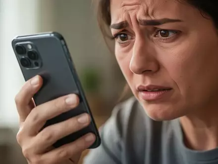 Nahaufnahme einer Person, die ein Smartphone in der Hand hält und besorgt auf den Bildschirm schaut. - Foto: über boerse-global.de
