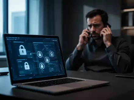 Ein besorgter Mann in einem modernen Büro vor einem Laptop, während er telefoniert, umgeben von einer dunklen, angespannten Atmosphäre. - Foto: über boerse-global.de