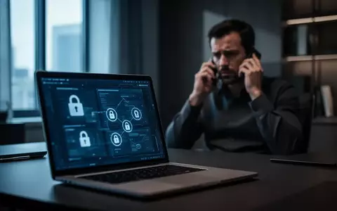 Ein besorgter Mann in einem modernen Büro vor einem Laptop, während er telefoniert, umgeben von einer dunklen, angespannten Atmosphäre. - Foto: über boerse-global.de