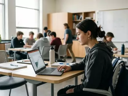 Eine Schülerin arbeitet konzentriert an einem Laptop in einem hellen Klassenzimmer an einer Präsentation. - Foto: über boerse-global.de