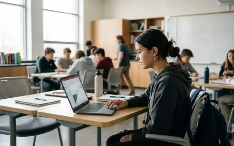 Eine Schülerin arbeitet konzentriert an einem Laptop in einem hellen Klassenzimmer an einer Präsentation. - Foto: über boerse-global.de