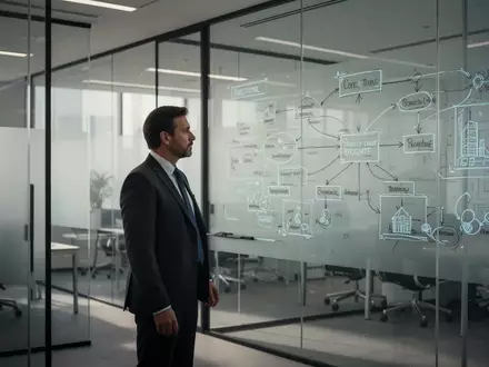 Ein professioneller Manager in einem modernen Büro vor einer Whiteboard-Skizze zur strategischen IT-Planung. - Foto: über boerse-global.de