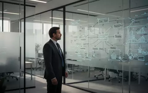 Ein professioneller Manager in einem modernen Büro vor einer Whiteboard-Skizze zur strategischen IT-Planung. - Foto: über boerse-global.de