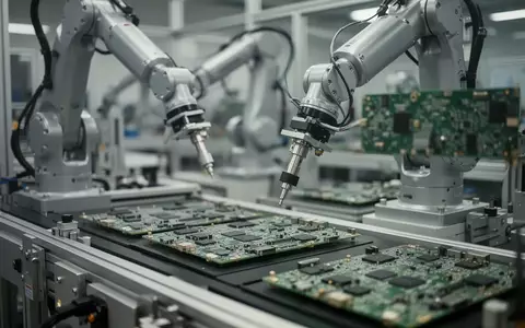 Eine moderne Produktionshalle für Elektronikfertigung mit Roboterarmen und verschwommenen Platinen im Hintergrund. - Foto: über boerse-global.de
