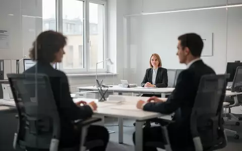 Ein minimalistisch gestaltetes Büro in einem Jobcenter mit Schreibtisch und Stühlen in einer sachlichen Arbeitsatmosphäre. - Foto: über boerse-global.de