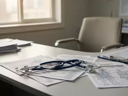 Ein unbesetzter Schreibtisch in einer Arztpraxis mit Stethoskop und Patientenunterlagen bei natürlichem Lichteinfall. - Foto: über boerse-global.de