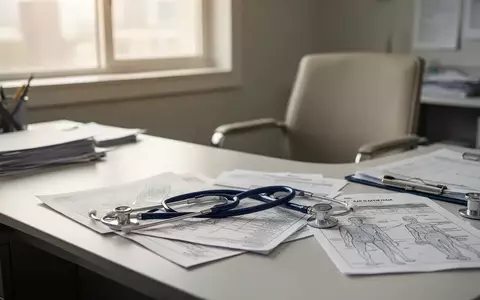 Ein unbesetzter Schreibtisch in einer Arztpraxis mit Stethoskop und Patientenunterlagen bei natürlichem Lichteinfall. - Foto: über boerse-global.de