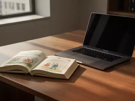 Ein aufgeschlagenes Kinderbuch liegt neben einem Laptop auf einem Schreibtisch in einem Anwaltsbüro bei natürlichem Licht. - Foto: über boerse-global.de