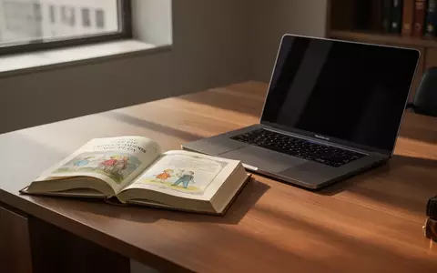Ein aufgeschlagenes Kinderbuch liegt neben einem Laptop auf einem Schreibtisch in einem Anwaltsbüro bei natürlichem Licht. - Foto: über boerse-global.de