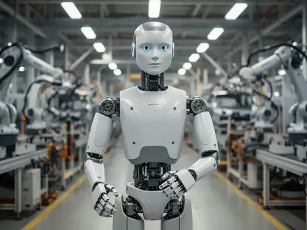 Ein hochmoderner humanoider Roboter steht in einer hellen, sauberen Automobilfabrik und demonstriert seine mechanischen Hände. - Foto: über boerse-global.de