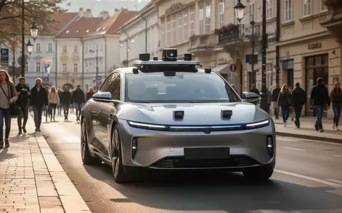 Ein autonomes Fahrzeug fährt durch eine sonnige Straße in Zagreb, während Passanten im Hintergrund zu sehen sind. - Foto: über boerse-global.de