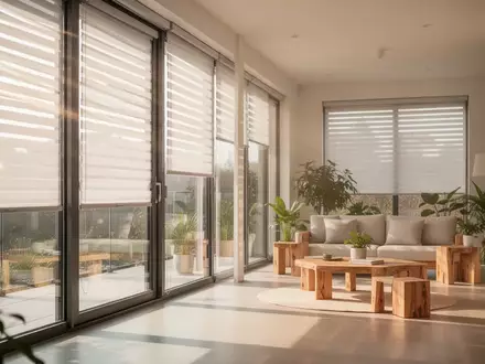 Heller, minimalistisch eingerichteter Wohnraum mit modernen außenliegenden Verschattungssystemen vor großen Fensterfronten. - Foto: über boerse-global.de