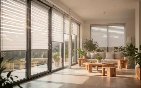 Heller, minimalistisch eingerichteter Wohnraum mit modernen außenliegenden Verschattungssystemen vor großen Fensterfronten. - Foto: über boerse-global.de