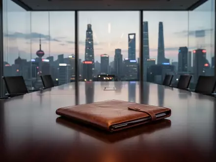 Ein moderner Konferenztisch in einem Büro mit Blick auf die Skyline von Shanghai bei Dämmerung. - Foto: über boerse-global.de