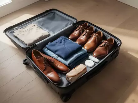 Ein minimalistisch gepackter Koffer mit sorgfältig gefalteter Kleidung und wenigen Reiseutensilien auf einem Holzboden. - Foto: über boerse-global.de