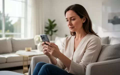 Eine Frau nutzt in einem hellen, modernen Wohnzimmer ein Smartphone zur Gesundheitsüberwachung. - Foto: über boerse-global.de