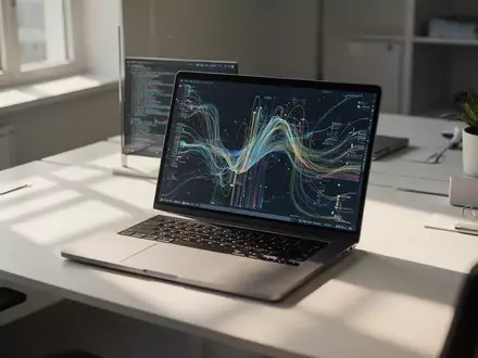 Ein aufgeräumter moderner Schreibtisch mit einem Laptop, der abstrakte Datenflüsse zeigt, in einer ruhigen Arbeitsumgebung. - Foto: über boerse-global.de