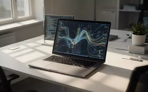 Ein aufgeräumter moderner Schreibtisch mit einem Laptop, der abstrakte Datenflüsse zeigt, in einer ruhigen Arbeitsumgebung. - Foto: über boerse-global.de