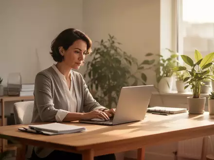 Eine Person arbeitet konzentriert an einem Laptop in einem hellen, aufgeräumten Homeoffice mit natürlichem Tageslicht. - Foto: über boerse-global.de