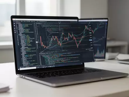 Ein moderner Schreibtisch mit einem Laptop, auf dessen Bildschirm abstrakte Datenstrukturen und Programmiercode zu sehen sind. - Foto: über boerse-global.de