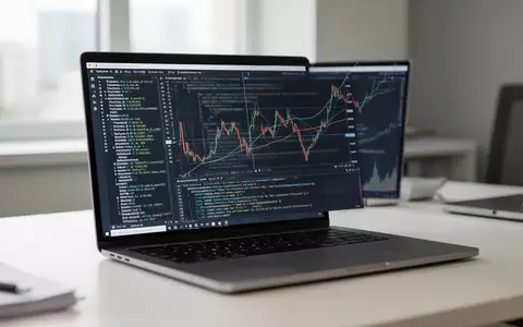 Ein moderner Schreibtisch mit einem Laptop, auf dessen Bildschirm abstrakte Datenstrukturen und Programmiercode zu sehen sind. - Foto: über boerse-global.de