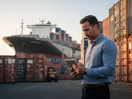 Logistikmanager bei der Überprüfung von Frachtcontainern in einem südafrikanischen Hafen vor einem großen Frachtschiff. - Foto: über boerse-global.de