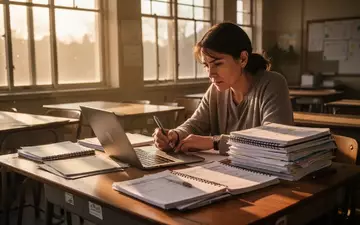 Eine Lehrkraft sitzt an einem mit Unterlagen überfüllten Schreibtisch in einem Klassenzimmer und arbeitet am Laptop. - Foto: über boerse-global.de