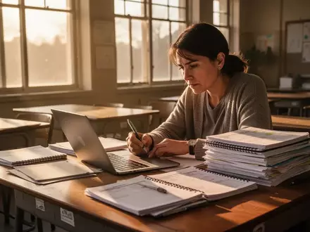 Eine Lehrkraft sitzt an einem mit Unterlagen überfüllten Schreibtisch in einem Klassenzimmer und arbeitet am Laptop. - Foto: über boerse-global.de