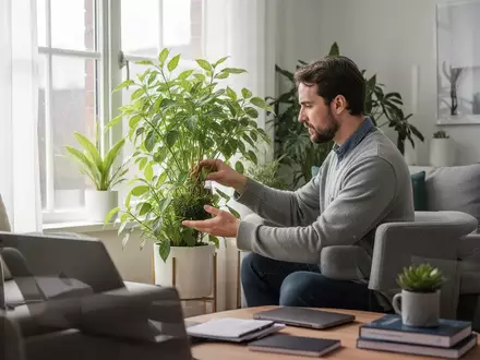 Eine Person macht eine aktive Pause vom Homeoffice und pflegt eine Zimmerpflanze in einem lichtdurchfluteten Raum. - Foto: über boerse-global.de