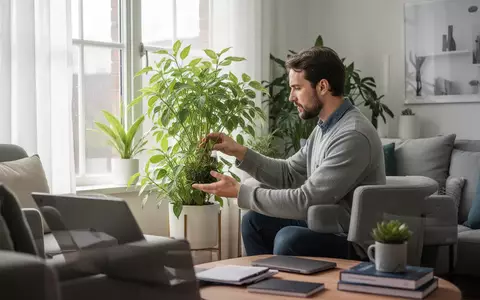 Eine Person macht eine aktive Pause vom Homeoffice und pflegt eine Zimmerpflanze in einem lichtdurchfluteten Raum. - Foto: über boerse-global.de