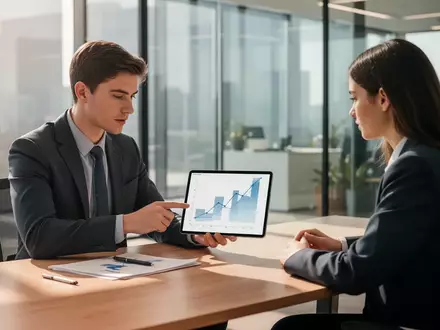 Ein Finanzberater im Gespräch mit einem jungen Kunden in einem modernen Büro, während sie gemeinsam auf ein Tablet schauen. - Foto: über boerse-global.de