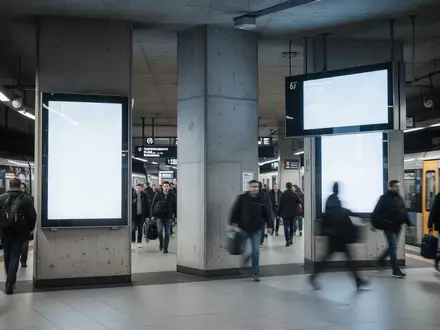 Pendler in einer modernen U-Bahn-Station vor großen, digitalen Informationsstelen im öffentlichen Raum. - Foto: über boerse-global.de