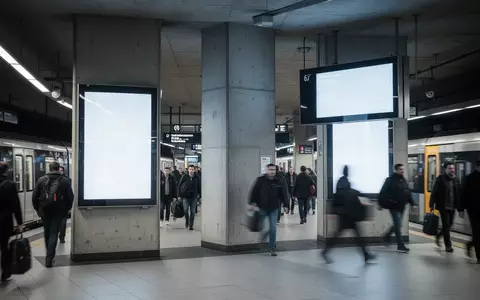 Pendler in einer modernen U-Bahn-Station vor großen, digitalen Informationsstelen im öffentlichen Raum. - Foto: über boerse-global.de