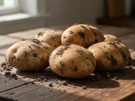 Frische, ungewaschene Kartoffeln mit Erdanhaftungen auf einem rustikalen Holztisch bei natürlichem Lichteinfall. - Foto: über boerse-global.de