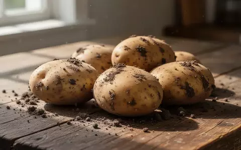 Frische, ungewaschene Kartoffeln mit Erdanhaftungen auf einem rustikalen Holztisch bei natürlichem Lichteinfall. - Foto: über boerse-global.de