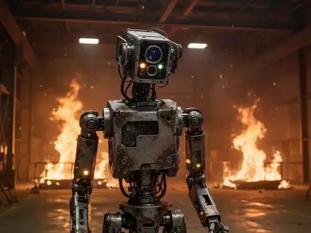 Ein humanoider Roboter für Brandbekämpfungseinsätze steht in einer industriellen Testumgebung mit simuliertem Feuer. - Foto: über boerse-global.de