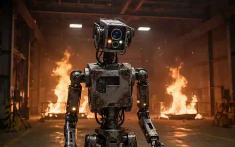 Ein humanoider Roboter für Brandbekämpfungseinsätze steht in einer industriellen Testumgebung mit simuliertem Feuer. - Foto: über boerse-global.de