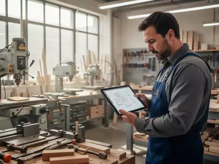 Handwerksunternehmer bei der Arbeit in einer modernen, professionellen Werkstatt mit Fokus auf betriebliche Abläufe. - Foto: über boerse-global.de