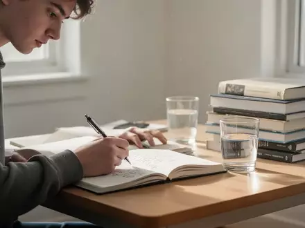 Ein konzentrierter Student beim handschriftlichen Notieren an einem ordentlichen Schreibtisch in hellem Tageslicht. - Foto: über boerse-global.de