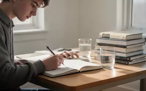 Ein konzentrierter Student beim handschriftlichen Notieren an einem ordentlichen Schreibtisch in hellem Tageslicht. - Foto: über boerse-global.de