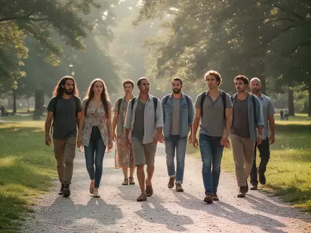 Eine Gruppe von Menschen bei einem gemeinsamen Spaziergang in einem sonnigen Park im Spätsommer. - Foto: über boerse-global.de