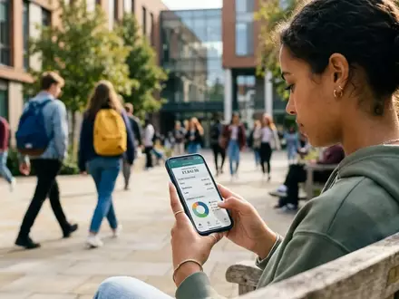 Ein Student nutzt sein Smartphone auf einem modernen Universitätscampus, um digitale Finanztransaktionen durchzuführen. - Foto: über boerse-global.de