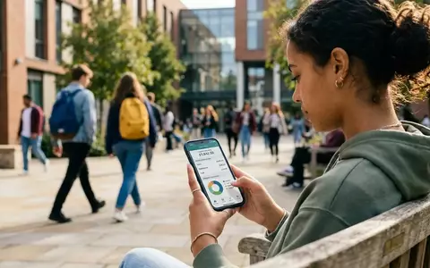 Ein Student nutzt sein Smartphone auf einem modernen Universitätscampus, um digitale Finanztransaktionen durchzuführen. - Foto: über boerse-global.de