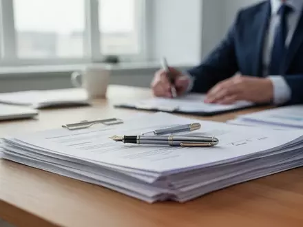Ein professioneller Schreibtisch mit Dokumenten und einem Füllfederhalter in einer modernen Büroumgebung. - Foto: über boerse-global.de